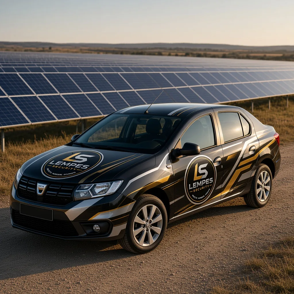 Autoturism Lempeș Security cu însemnele firmei, lângă un parc fotovoltaic